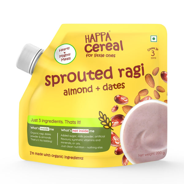 Happa Ragi Almonds Dates Cereal for Babies | Only 3 Ingredients | No Sugar, Oil, Milk Powder, Flavours or Colours | Traditional Porridge Recipe | Cooks in 3 Minutes | Stage 2 (6 Months+) | 200g Pack
