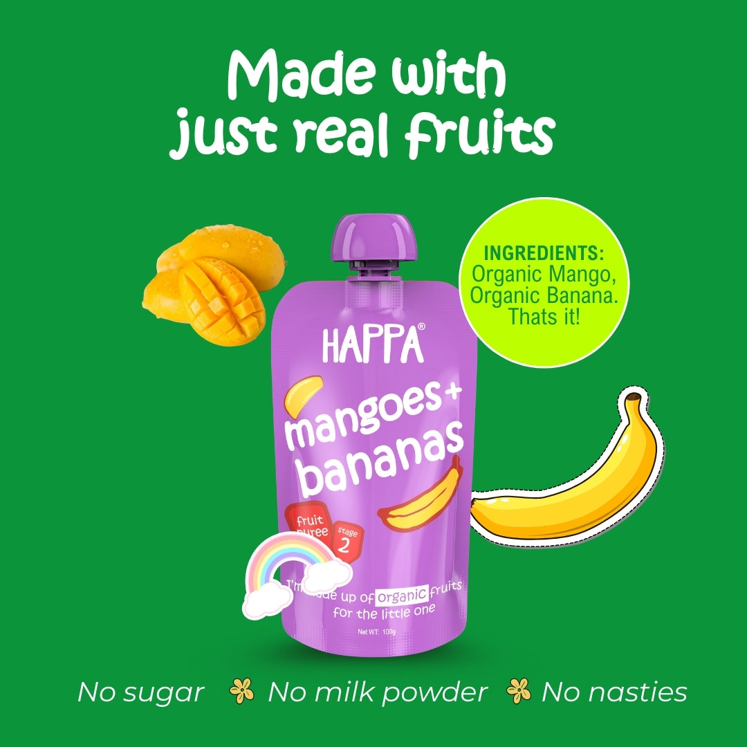Happa Organic Baby Food Mango and Banana Puree | 100% Fruits | No Added Sugar, No Milk Powder, No Preservatives | Stage 2 (6 Months+) | Ready to Eat | Free from Common Allergens | Pack of 3 (100g Each)