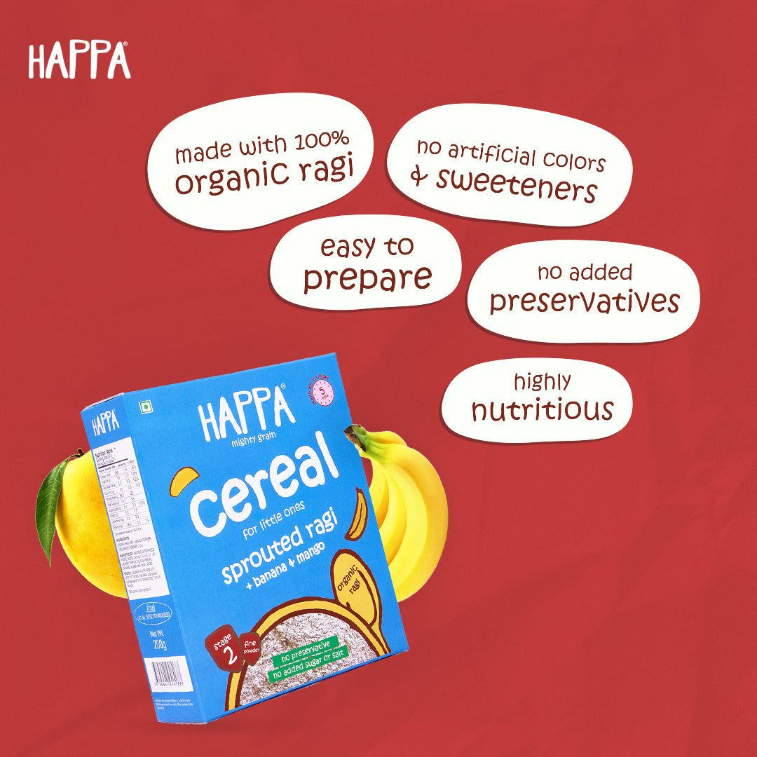 Happa Organic Trial Pack of Cereal (Ragi Cereal + Oatmeal Cereal + Brown Rice Cereal) ,8 Pouches, 6 Months - Happafoods