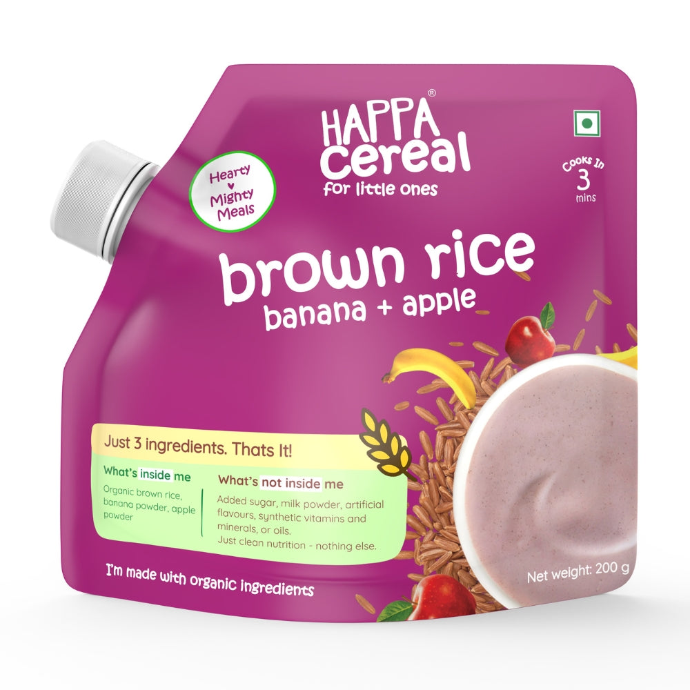 Happa Brown Rice Apple Banana Cereal for Babies | 3 Ingredients | No Sugar, Oil, Milk Powder, Flavours, Colours | Cooks in 3 Minutes | Stage 2 (6 Months+) | 200g Pack