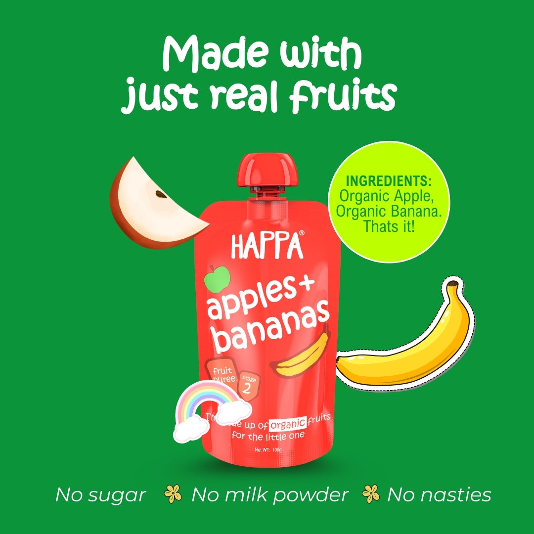 Happa Organic Baby Food Apple and Banana Puree | 100% Fruits | No Added Sugar, No Milk Powder, No Preservatives | Stage 2 (6 Months+) | Ready to Eat | Free from Common Allergens | Pack of 3 (100g Each)