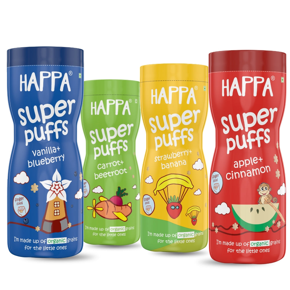 Happa Baby Puffs Variety Pack – Vanilla Blueberry, Carrot Beetroot, Strawberry Banana and Apple Cinnamon | Melt-in-the-Mouth Finger Food for Babies | Supports Self-Feeding and Baby-Led Weaning | No Artificial Flavours or Colours | Stage 2 (8+ Months)