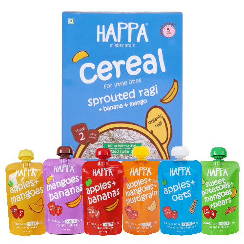 Happa Organic Puree and Cereal Combo Cereal and Fruit Puree (R+B+M  Cereal, A+B Puree, M+B Puree, A+M Puree, A+M Multigrain Puree, A+Oats  Puree,