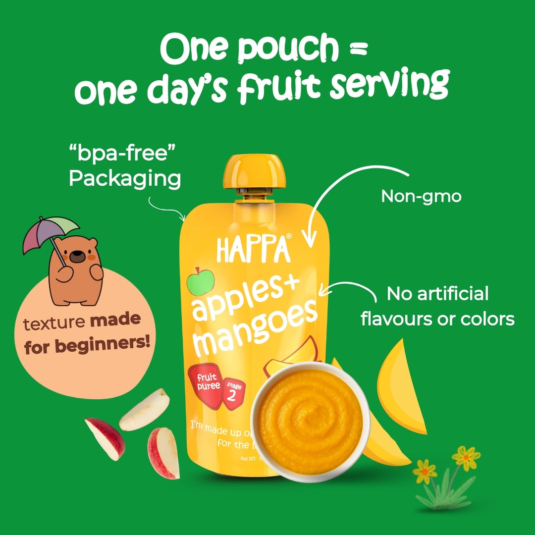 Happa Organic Baby Food Apple and Mango Puree | 100% Fruits | No Added Sugar, No Milk Powder, No Preservatives | Stage 2 (6 Months+) | Ready to Eat | Free from Common Allergens | Pack of 3 (100g Each)
