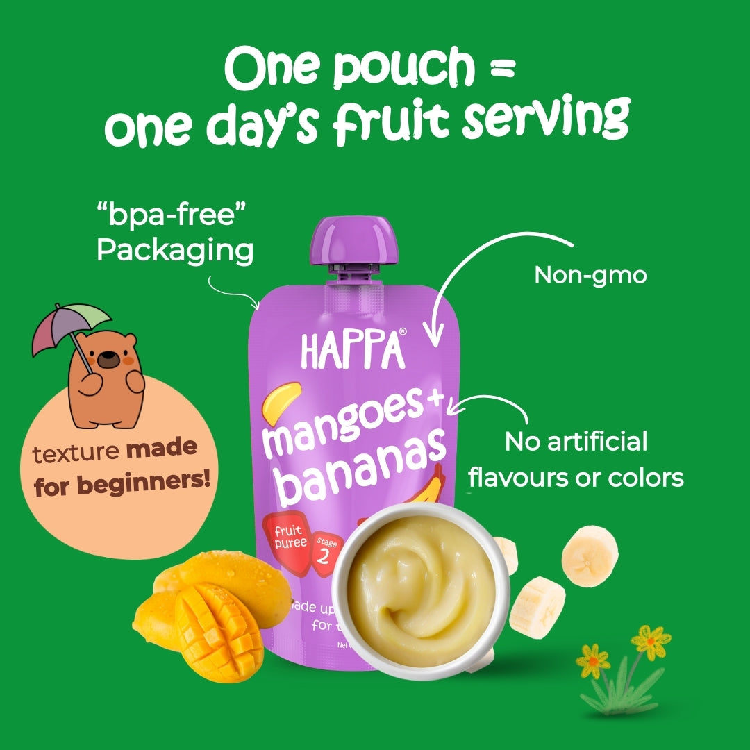 Happa Organic Baby Food Mango and Banana Puree | 100% Fruits | No Added Sugar, No Milk Powder, No Preservatives | Stage 2 (6 Months+) | Ready to Eat | Free from Common Allergens | Pack of 3 (100g Each)