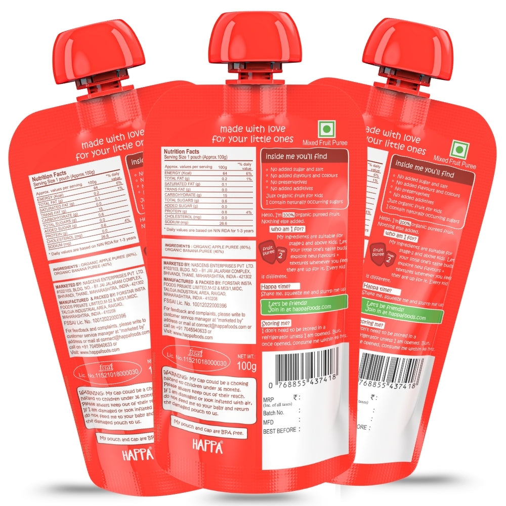 Happa Organic Baby Food Apple and Banana Puree | 100% Fruits | No Added Sugar, No Milk Powder, No Preservatives | Stage 2 (6 Months+) | Ready to Eat | Free from Common Allergens | Pack of 3 (100g Each)