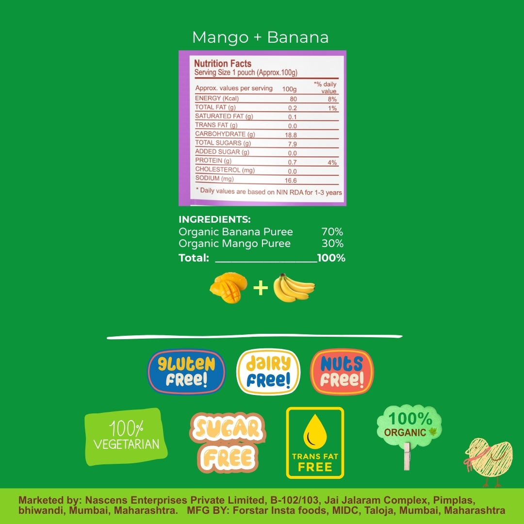 Happa Organic Baby Food Mango and Banana Puree | 100% Fruits | No Added Sugar, No Milk Powder, No Preservatives | Stage 2 (6 Months+) | Ready to Eat | Free from Common Allergens | Pack of 3 (100g Each)