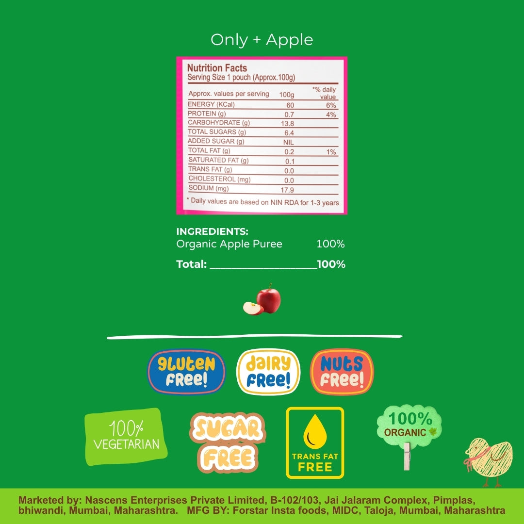 Happa Organic Baby Food Apple Puree | 100% Fruits | No Added Sugar, No Milk Powder, No Preservatives | Stage 1 (6 Months+) | Ready to Eat | Free from Common Allergens | Pack of 3 (100g Each)