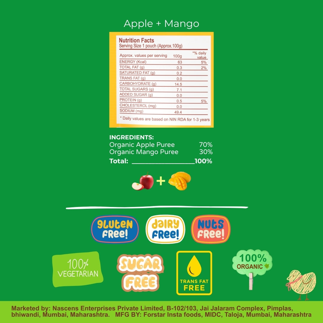 Happa Organic Baby Food Apple and Mango Puree | 100% Fruits | No Added Sugar, No Milk Powder, No Preservatives | Stage 2 (6 Months+) | Ready to Eat | Free from Common Allergens | Pack of 3 (100g Each)