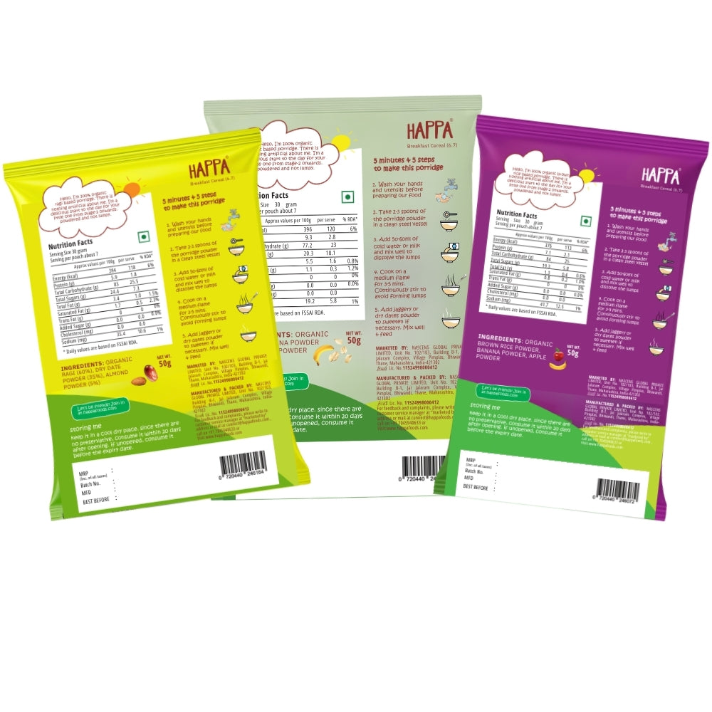 Trial Pack of Cereal (Ragi Almonds Dates Cereal + Oatmeal Banana Cereal + Brown Rice Apple Banana Cereal), 50 Gram Each , 6 month +