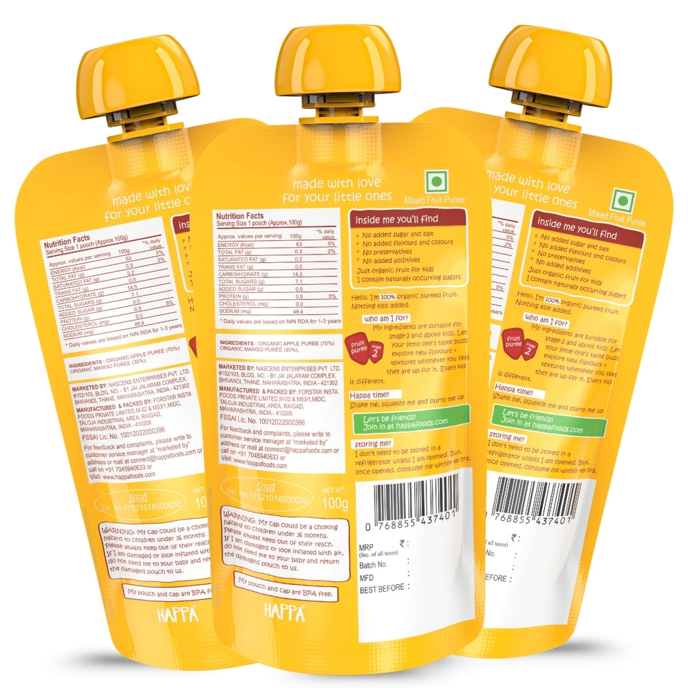 Happa Organic Baby Food Apple and Mango Puree | 100% Fruits | No Added Sugar, No Milk Powder, No Preservatives | Stage 2 (6 Months+) | Ready to Eat | Free from Common Allergens | Pack of 3 (100g Each)
