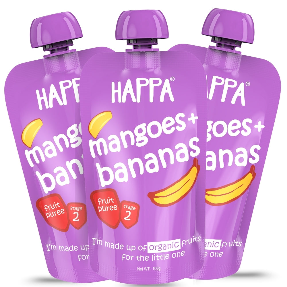 Happa Organic Baby Food Mango and Banana Puree | 100% Fruits | No Added Sugar, No Milk Powder, No Preservatives | Stage 2 (6 Months+) | Ready to Eat | Free from Common Allergens | Pack of 3 (100g Each)