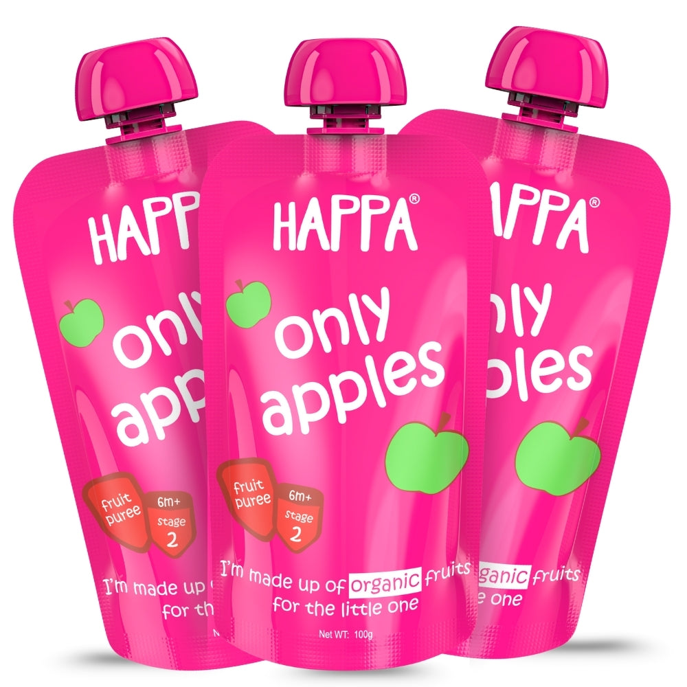 Happa Organic Baby Food Apple Puree | 100% Fruits | No Added Sugar, No Milk Powder, No Preservatives | Stage 1 (6 Months+) | Ready to Eat | Free from Common Allergens | Pack of 3 (100g Each)