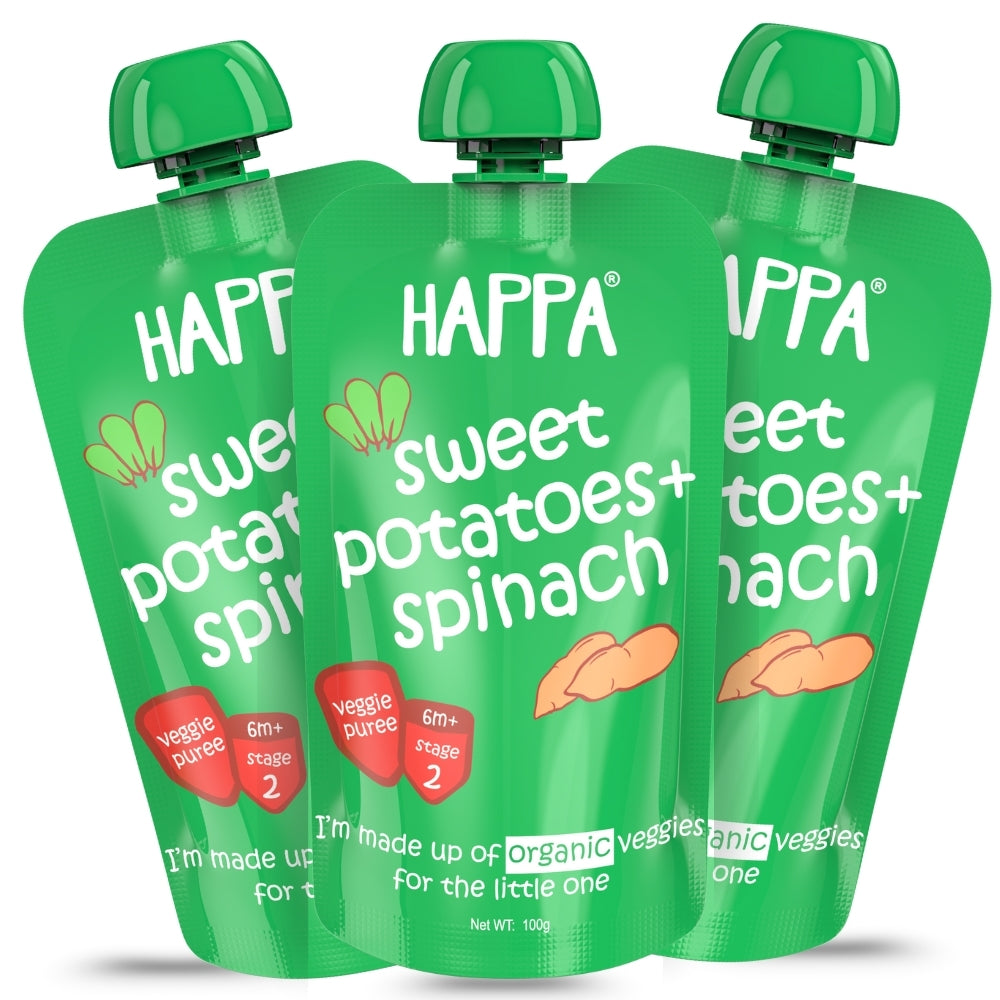 Happa Organic Baby Food Sweet Potato and Spinach Puree | 100% Fruits and Vegetables | No Added Sugar, No Milk Powder, No Preservatives | Stage 2 (6 Months+) | Ready to Eat | Free from Common Allergens | Pack of 3 (100g Each)