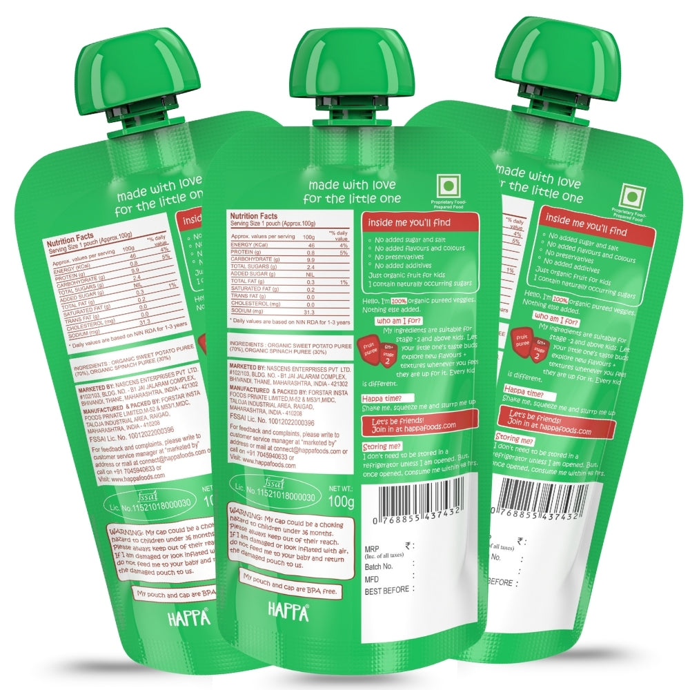 Happa Organic Baby Food Sweet Potato and Spinach Puree | 100% Fruits and Vegetables | No Added Sugar, No Milk Powder, No Preservatives | Stage 2 (6 Months+) | Ready to Eat | Free from Common Allergens | Pack of 3 (100g Each)