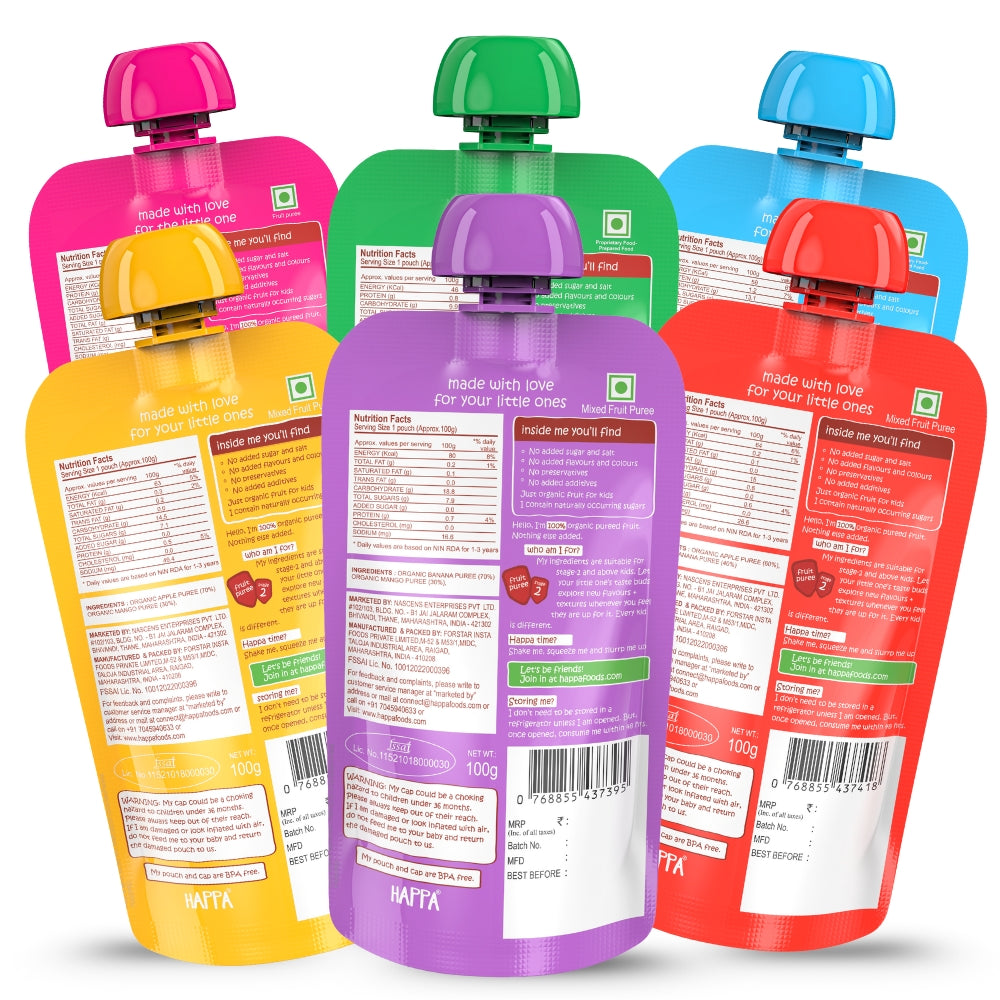 Happa Healthy Baby Food Puree Travel Pack | Natural Fruits, Grains and Vegetables | No Added Sugar, No Milk Powder, No Preservatives | Stage 2 (6 Months+) | Ready to Eat | Free from Common Allergens | Pack of 6 (100g Each)