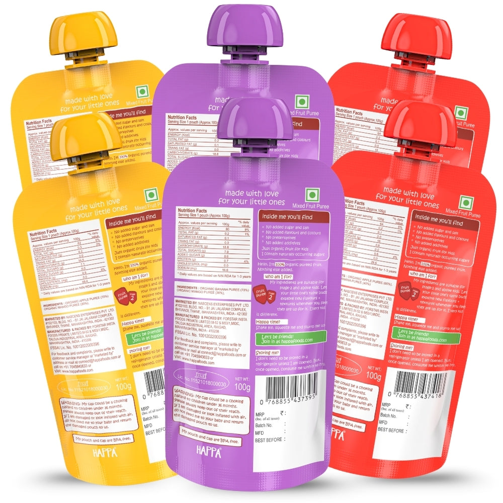 Happa Healthy Baby Food Puree | 100% Fruits | No Added Sugar, No Milk Powder, No Preservatives | Stage 2 (6 Months+) | Ready to Eat | Free from Common Allergens | Pack of 6 (100g Each)