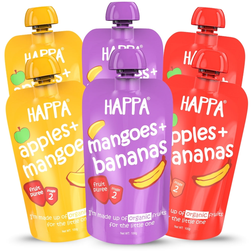 Happa Healthy Baby Food Puree | 100% Fruits | No Added Sugar, No Milk Powder, No Preservatives | Stage 2 (6 Months+) | Ready to Eat | Free from Common Allergens | Pack of 6 (100g Each)