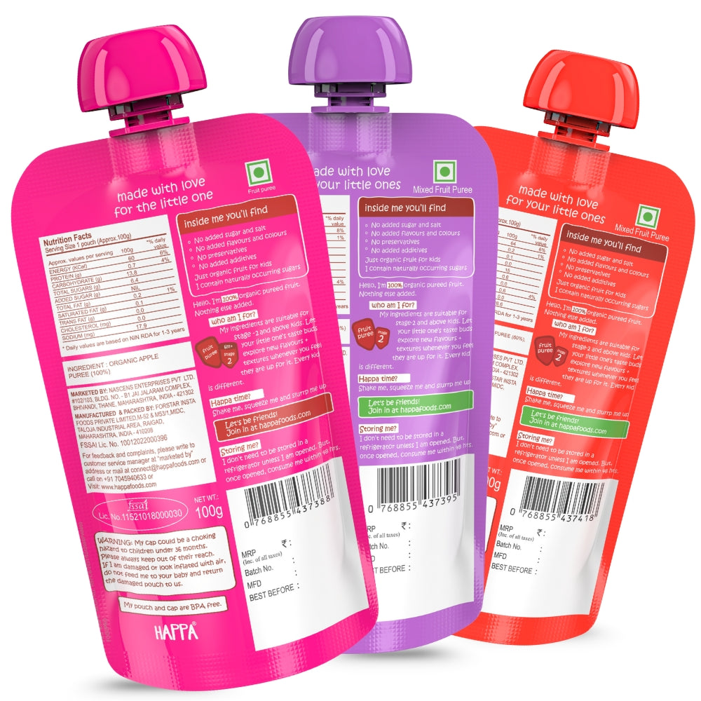 Happa Healthy Baby Food Puree | 100% Fruits | No Added Sugar, No Milk Powder, No Preservatives | Stage 2 (6 Months+) | Ready to Eat | Free from Common Allergens | Pack of 3 (100g Each)