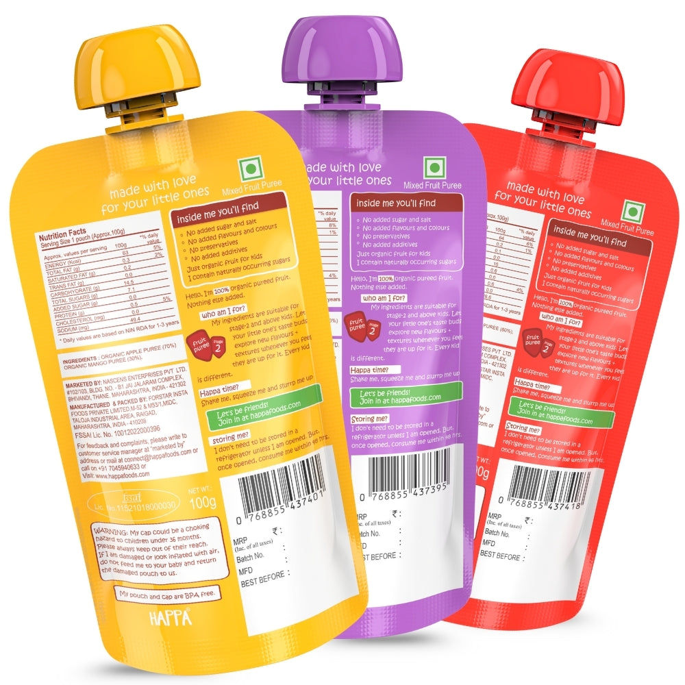 Happa Healthy Baby Food Puree | 100% Fruits | No Added Sugar, No Milk Powder, No Preservatives | Stage 2 (6 Months+) | Ready to Eat | Free from Common Allergens | Pack of 3 (100g Each)