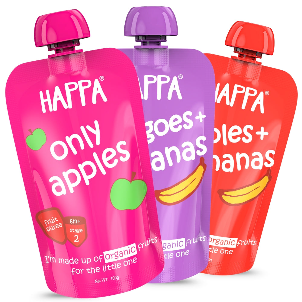 Happa Healthy Baby Food Puree | 100% Fruits | No Added Sugar, No Milk Powder, No Preservatives | Stage 2 (6 Months+) | Ready to Eat | Free from Common Allergens | Pack of 3 (100g Each)