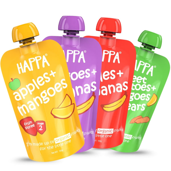 Happa Healthy Baby Food Puree | 100% Fruits and Vegetables | No Added Sugar, No Milk Powder, No Preservatives | Stage 2 (6 Months+) | Ready to Eat | Free from Common Allergens | Pack of 4 (100g Each)