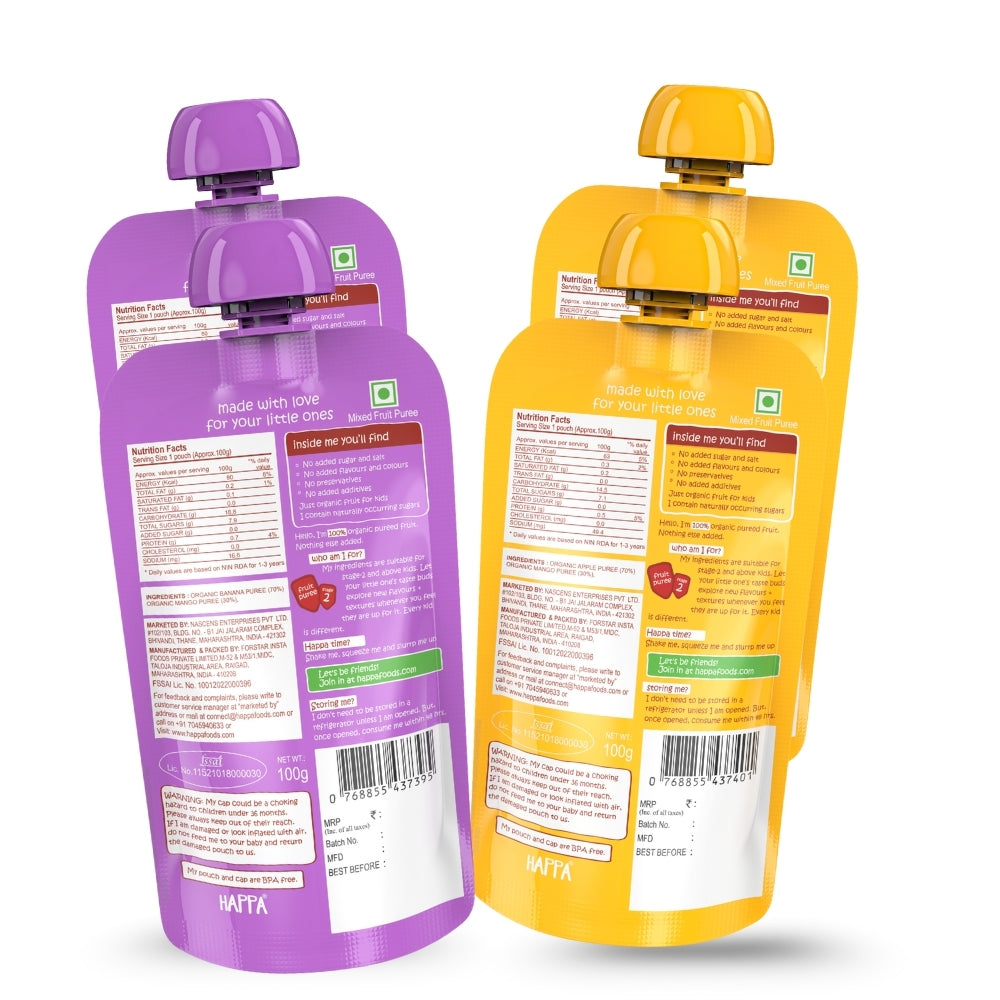 Happa Healthy Baby Food Apple & Mango + Mango & Banana Puree Combo | 100% Fruits | No Added Sugar | No Milk Powder | No Preservatives | Stage 2 (6M+) | Ready to Eat | Allergen-Free | 4 x 100g