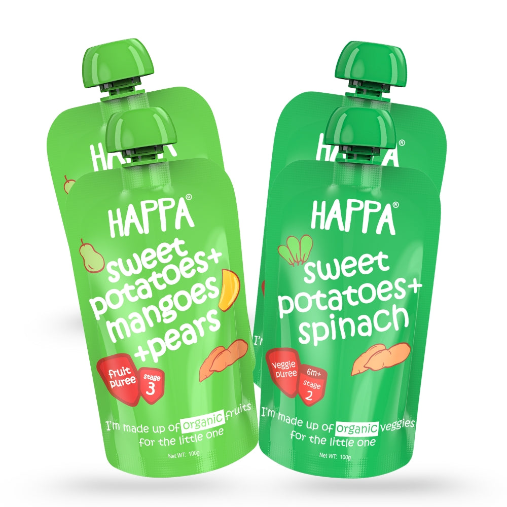 Happa Healthy Baby Food Puree | 100% Fruits and Vegetables | No Added Sugar, No Milk Powder, No Preservatives | Stage 3 (8 M+) | Ready to Eat | Free from Common Allergens | Pack of 4 (100g Each)