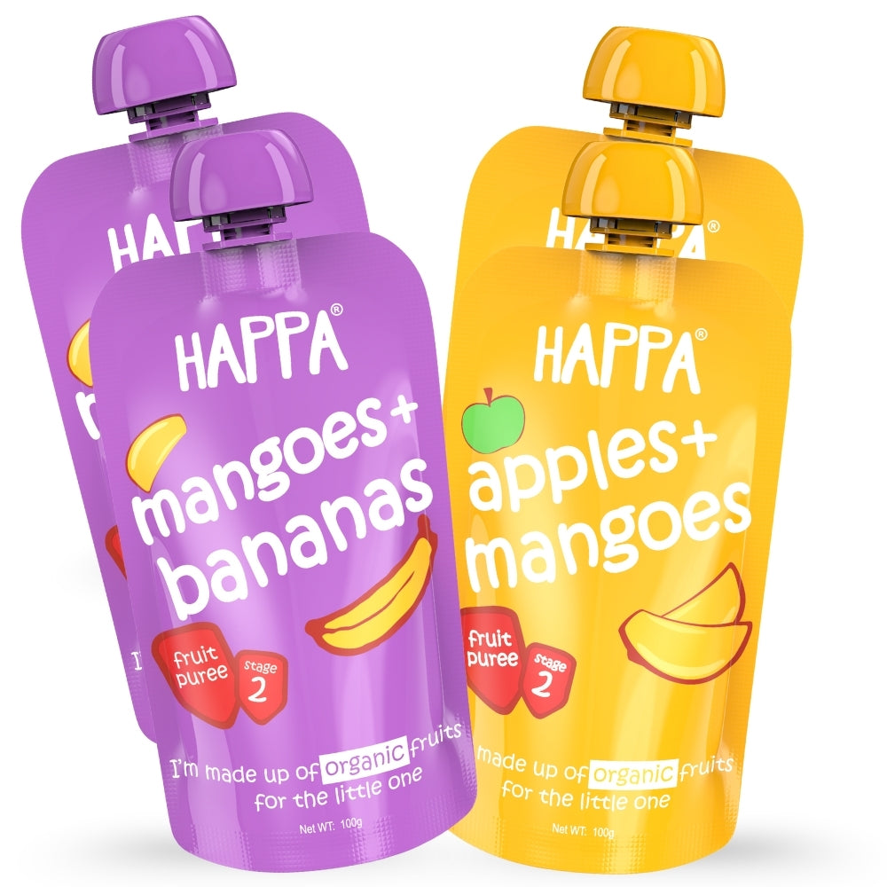 Happa Healthy Baby Food Apple & Mango + Mango & Banana Puree Combo | 100% Fruits | No Added Sugar | No Milk Powder | No Preservatives | Stage 2 (6M+) | Ready to Eat | Allergen-Free | 4 x 100g