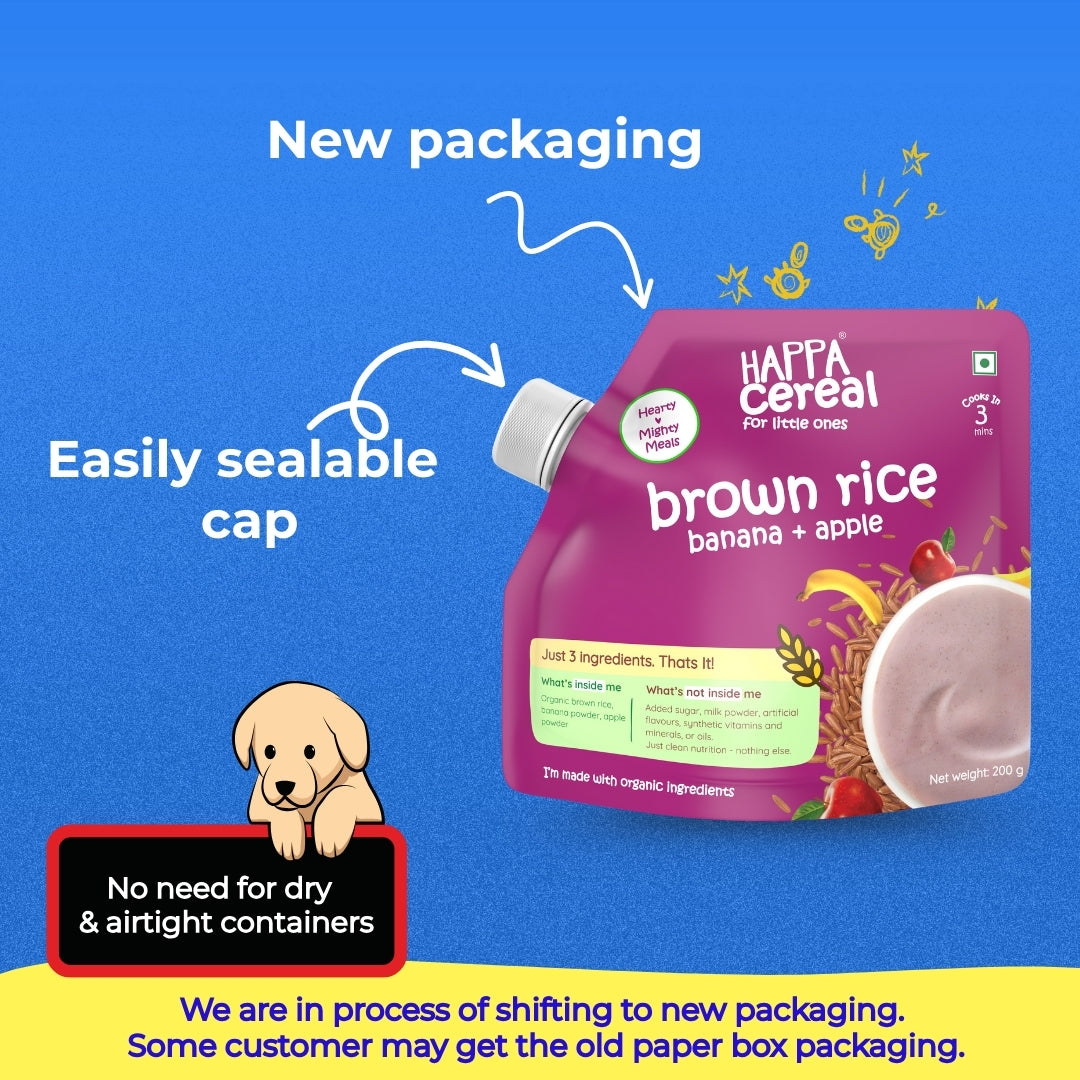 Happa Brown Rice Apple Banana Cereal for Babies | 3 Ingredients | No Sugar, Oil, Milk Powder, Flavours, Colours | Cooks in 3 Minutes | Stage 2 (6 Months+) | 200g Pack