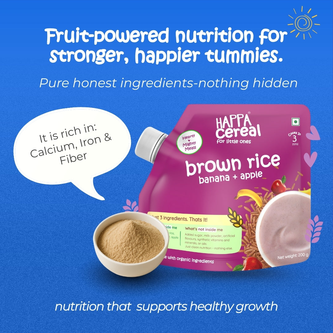 Happa Brown Rice Apple Banana Cereal for Babies | 3 Ingredients | No Sugar, Oil, Milk Powder, Flavours, Colours | Cooks in 3 Minutes | Stage 2 (6 Months+) | 200g Pack