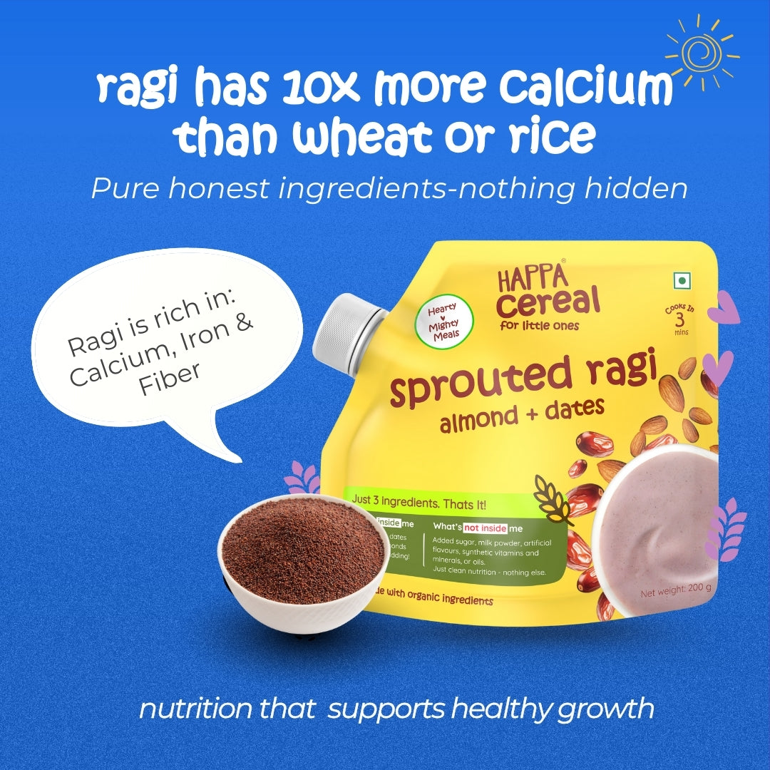 Happa Ragi Almonds Dates Cereal for Babies | Only 3 Ingredients | No Sugar, Oil, Milk Powder, Flavours or Colours | Traditional Porridge Recipe | Cooks in 3 Minutes | Stage 2 (6 Months+) | 200g Pack