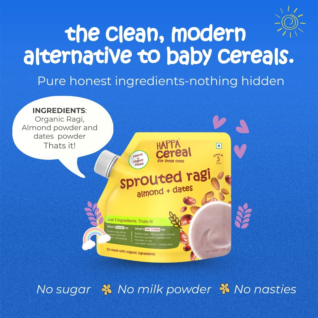 Happa Ragi Almonds Dates Cereal for Babies | Only 3 Ingredients | No Sugar, Oil, Milk Powder, Flavours or Colours | Traditional Porridge Recipe | Cooks in 3 Minutes | Stage 2 (6 Months+) | 200g Pack