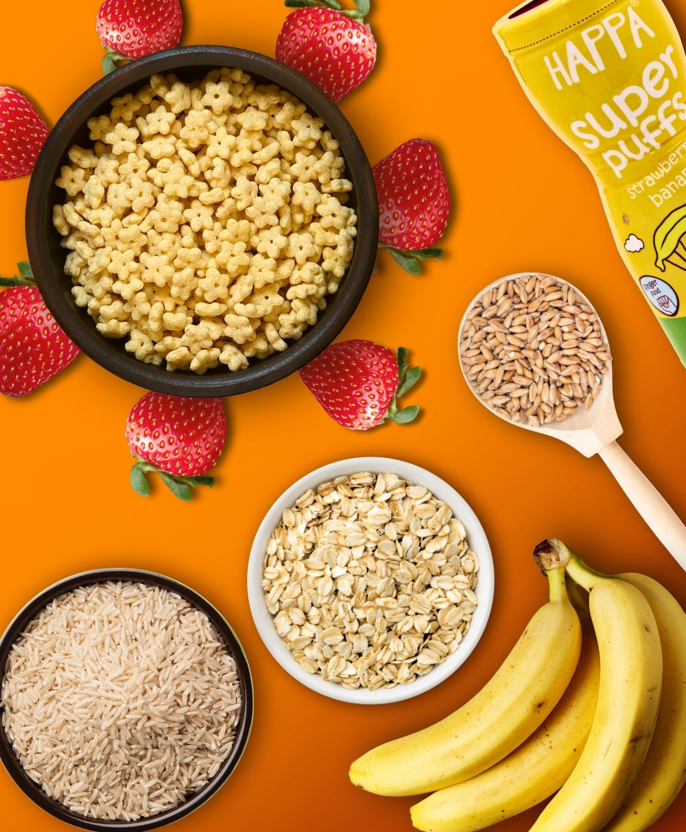 Happa Baby Puffs Variety Pack – Vanilla Blueberry, Carrot Beetroot, Strawberry Banana and Apple Cinnamon | Melt-in-the-Mouth Finger Food for Babies | Supports Self-Feeding and Baby-Led Weaning | No Artificial Flavours or Colours | Stage 2 (8+ Months)