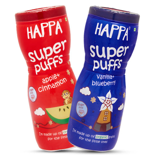 Happa Multigrain Vanilla & Blueberry, Apple & Cinnamon Melts Super Puffs (Healthy Organic Snack for Little One, 8 Months+, 1 Each) Pack of 2 - Happafoods