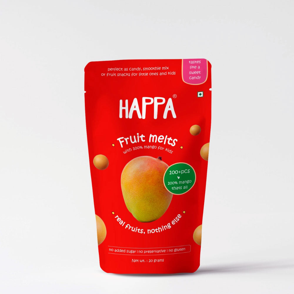 Healthy baby finger food snack: happa mango fruit melts pouch, perfect for 8 month olds.