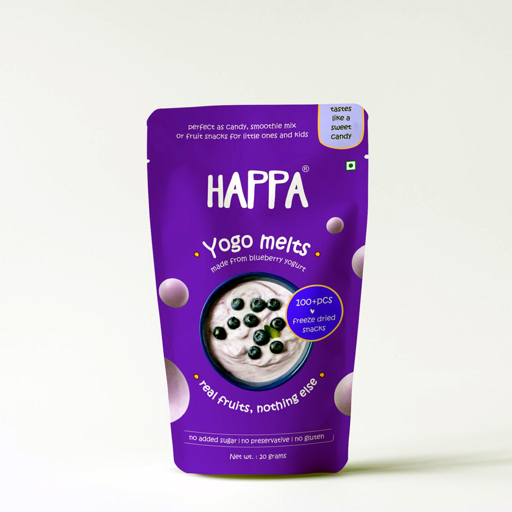Healthy baby finger food snack: happa blueberry yogurt melts pouch, perfect for 8 month olds.