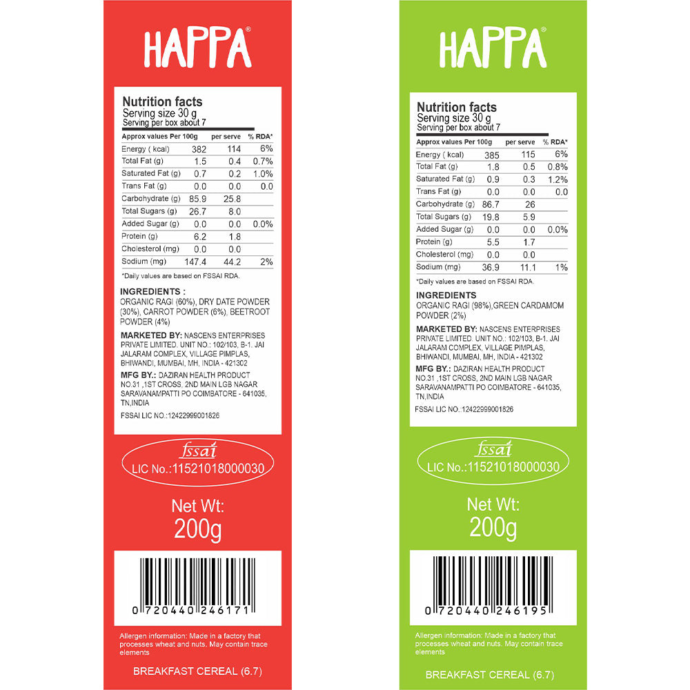 Happa Organic Ragi Cereal Mix- Ragi-Ragi and Ragi+Carrot+Beetroot- Pack of 2, 200 Gram Each - Happafoods