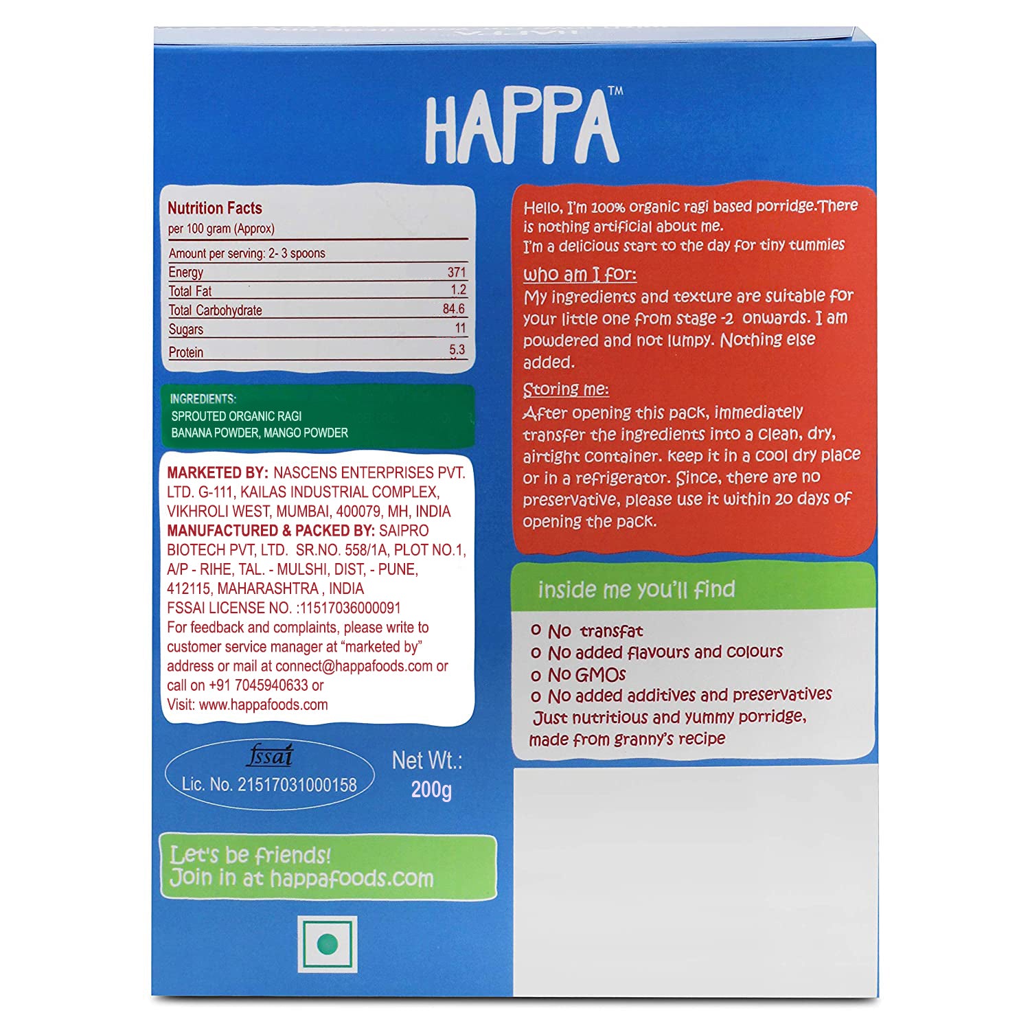 ragi mango + banana porridge (200gm) - Happafoods