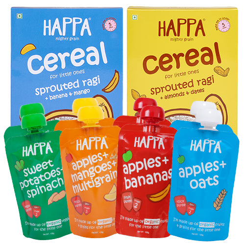 Happa Organic Baby Food, Fruit Puree and Cereal Combo (M+B Cereal, A+D Cereal, A+M Multigrain Puree, A+Oats Puree, A+B Puree, SP+S Puree) Puree 100