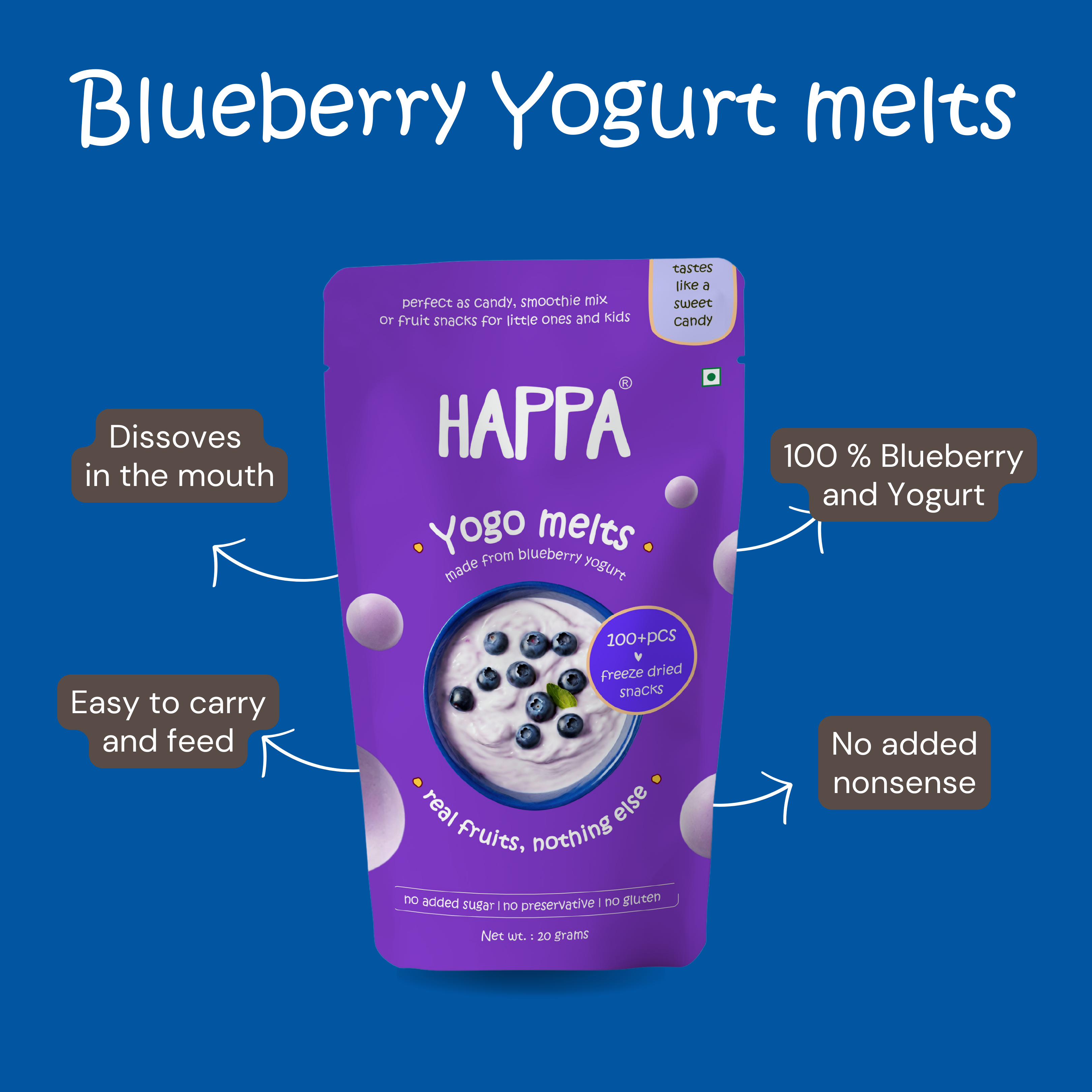 Blueberry yogurt Melts which taste like a candy - Happafoods