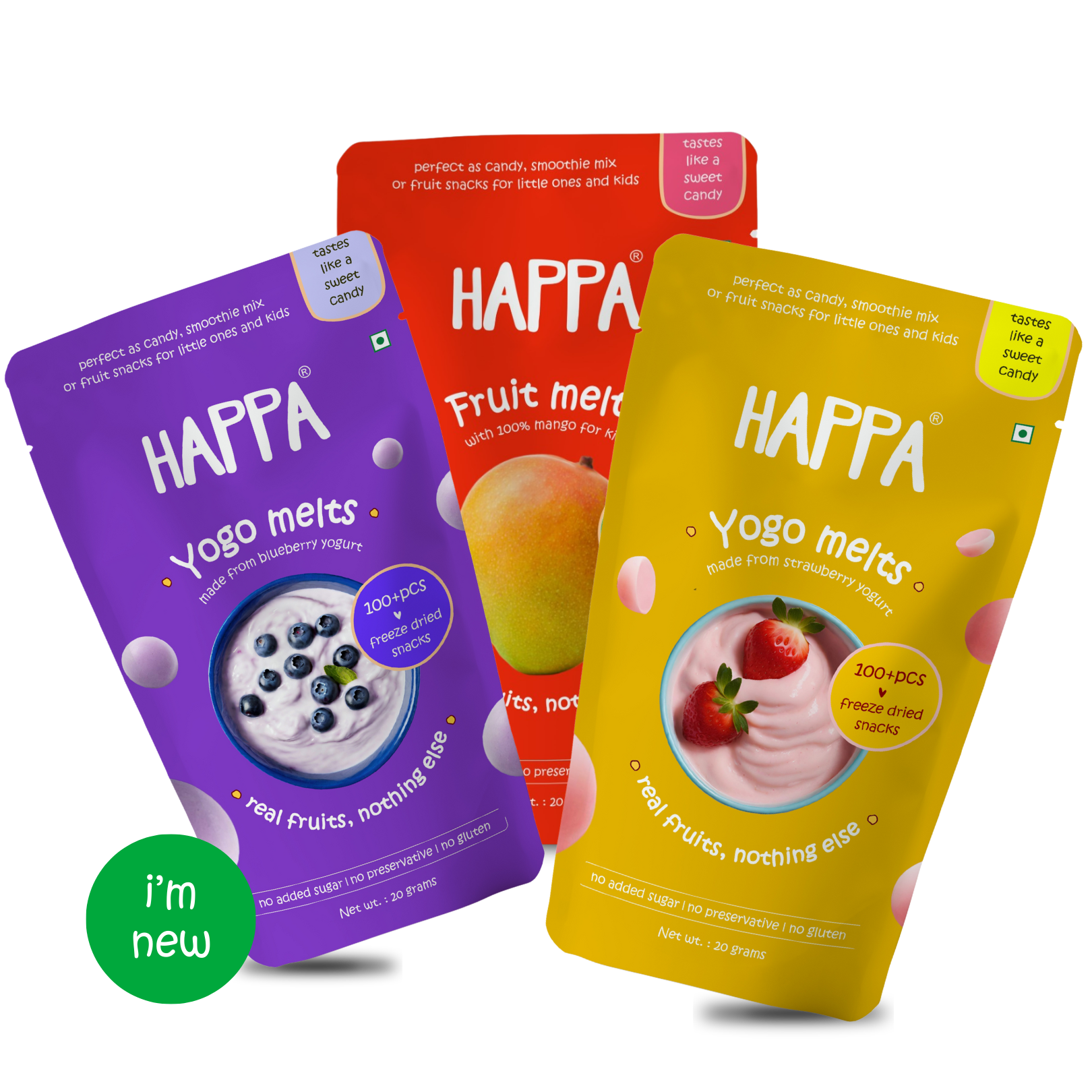 Happa Melts Variety Pack I One fruit and two Yogo melts I Melt in the mouth goodness I Easy to carry & feed I  Kids snack I 6 months to 99 years and above (Pack of 3) - Happa Foods