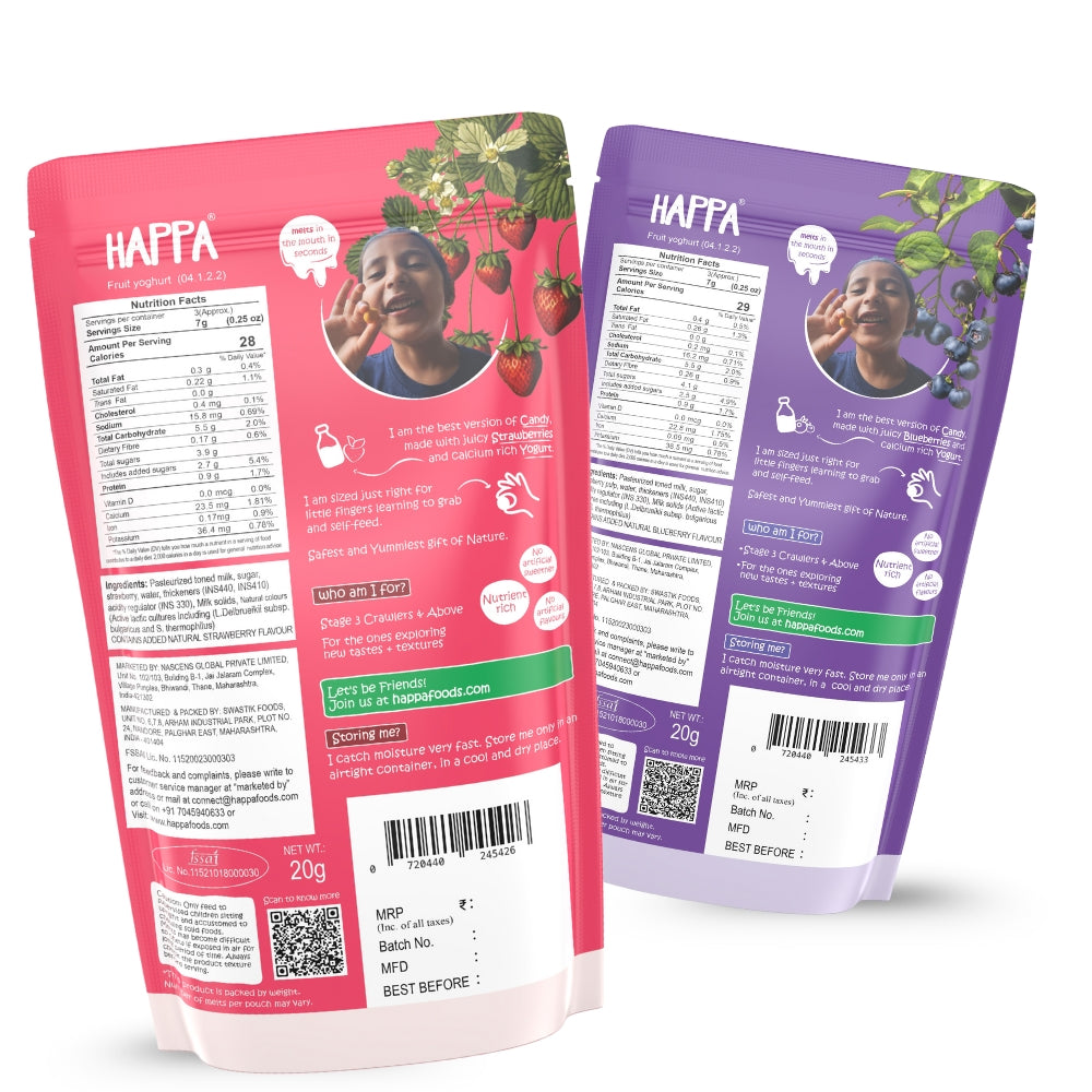 Happa Blueberry & Strawberry Greek Yogurt Melts | 100% Greek Yogurt Candy for Babies, Kids & Adults | No Added Sugar, No Colours, No Artificial Flavours | Melt-in-Mouth | 8M+ | 20g Pack of 2