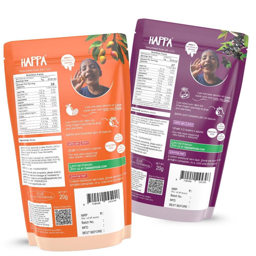 Happa Mango & Jamun Melts | 100% Fruit Candy for Babies, Kids & Adults | No Added Sugar, No Colours, No Artificial Flavours | Melt-in-Mouth | 8M+ | Single Ingredient | 20g Pack of 2