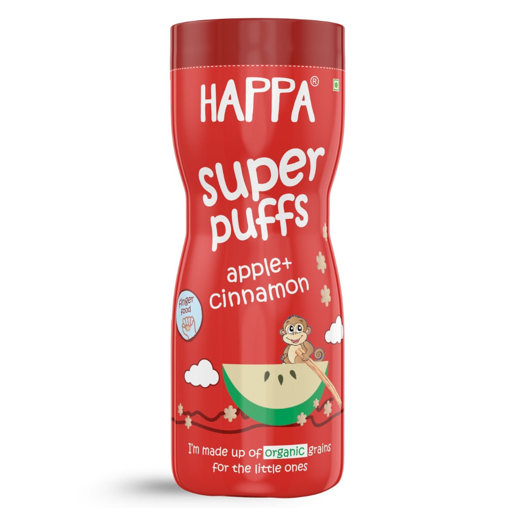 Happa Baby Puffs | Apple Cinnamom Flavour | Made with Organic Ingredients | Melt-in-the-Mouth, Supports Self-Feeding & Baby-Led Weaning | No Artificial Flavours or Colours | Stage 2 (8 Months+) | Pack of 1 (40g Pack)