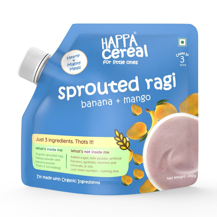 Happa Ragi Mango Banana Cereal for Babies | Only 3 Ingredients | No Sugar, Oil, Milk Powder, Flavours or Colours | Traditional Porridge Recipe | Cooks in 3 Minutes | Stage 2 (6 Months+) | 200g Pack