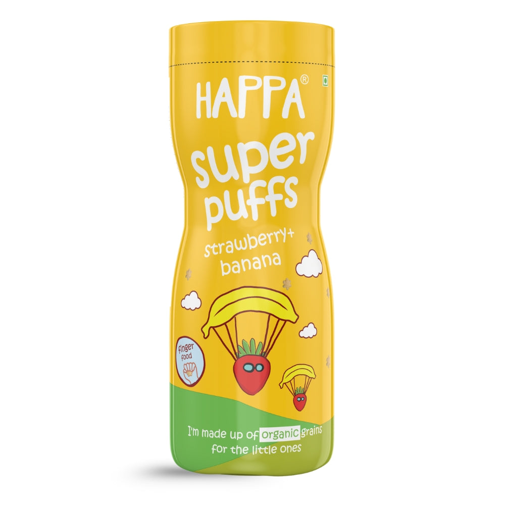 Happa Baby Puffs | Strawberry Banana Flavour | Made with Organic Ingredients | Melt-in-the-Mouth, Supports Self-Feeding & Baby-Led Weaning | No Artificial Flavours or Colours | Stage 2 (8 Months+) | Pack of 1 (40g Pack)
