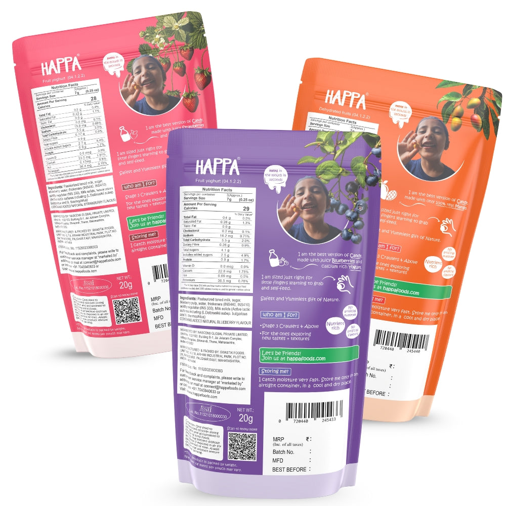 Happa Fruit & Greek Yogurt Melts | 100% Fruit & Yogurt Candy for Babies, Kids & Adults | No Added Sugar, No Colours, No Artificial Flavours | Melt-in-Mouth | 8M+ | 20g Pack of 3