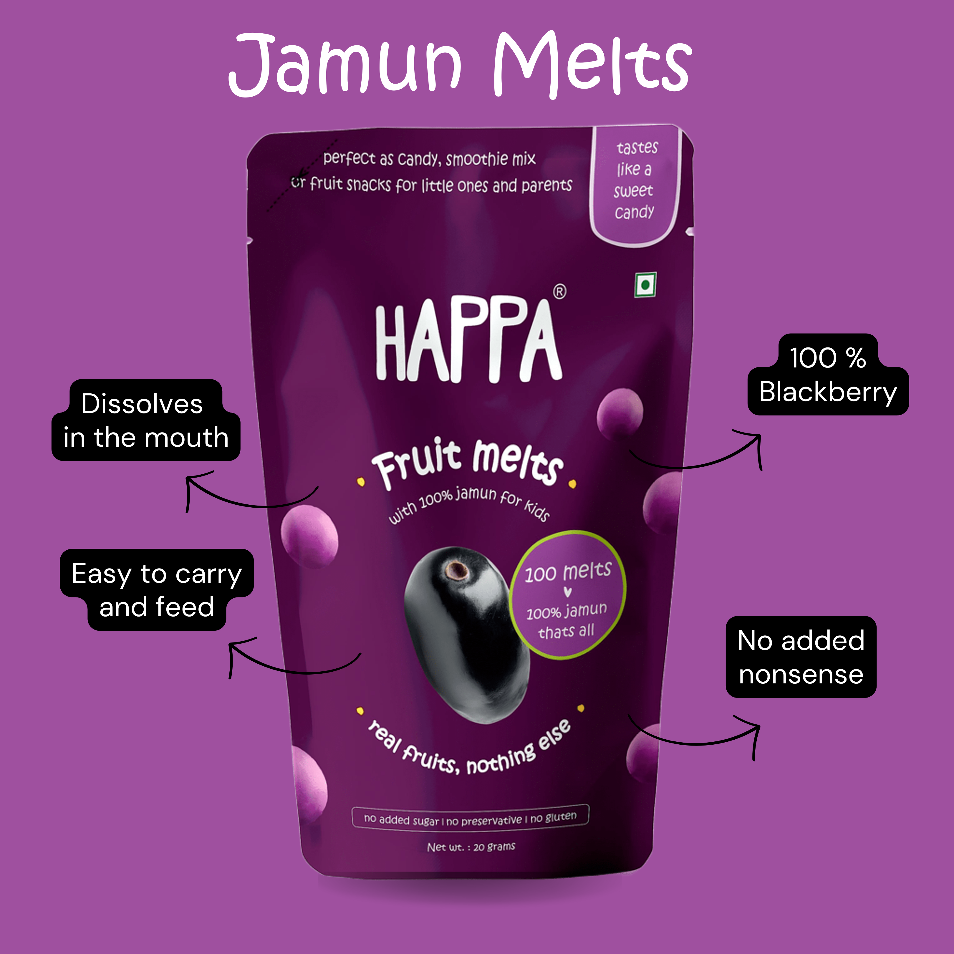 Happa Jamun Melts for little ones, made with 100% Blackberry & nothing else. No added flavour or Sugar! - Happa Foods