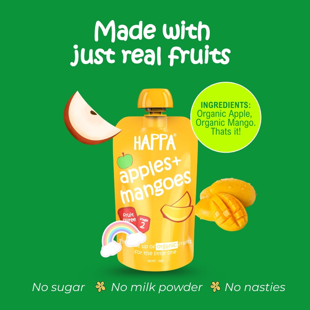 Happa Organic Baby Food Apple and Mango Puree | 100% Fruits | No Added Sugar, No Milk Powder, No Preservatives | Stage 2 (6 Months+) | Ready to Eat | Free from Common Allergens | Pack of 3 (100g Each)